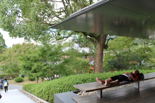 0031：平等院ミュージアム鳳翔館 苔庭のベンチでくつろぐ人